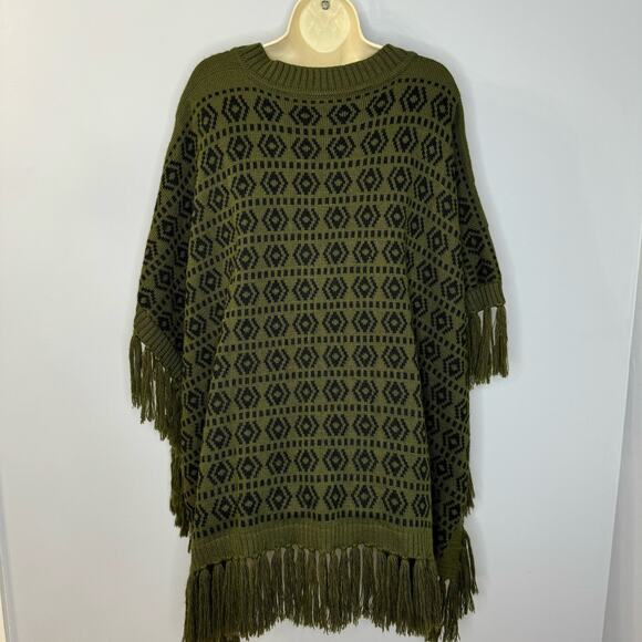 Carolina K Women's Alpaca Blend Lulu Poncho Green Print Fringe Boho One Size - Picture 9 of 11